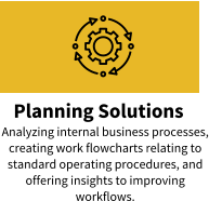 Planning Solutions Analyzing internal business processes, creating work flowcharts relating to standard operating procedures, and offering insights to improving workflows.